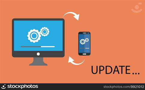 Pc and smartphone.Data update or synchronize with bar process icon flat design.