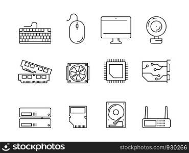 Pc components icons. Processor ssd cpu power adapter ram memory and hdd linear vector symbols isolated. Illustration of ssd and hardware, cpu processor. Pc components icons. Processor ssd cpu power adapter ram memory and hdd linear vector symbols isolated