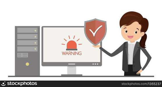 PC computer with alarm and warning sign on screen,happy female holding a protection shield,isolated on white background,flat vector illustration