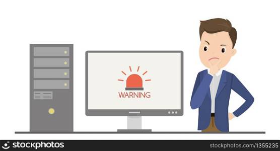 PC computer with alarm and warning sign on screen,sad male think,isolated on white background,flat vector illustration