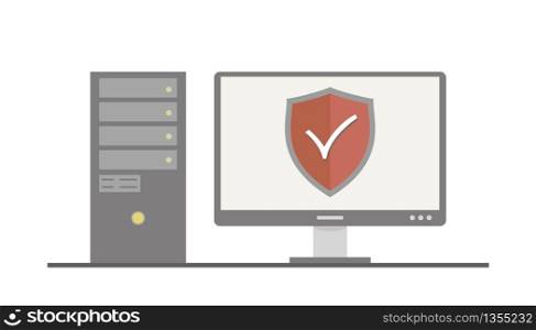 PC computer with security shield,isolated on white background,simple flat style design,vector illustration