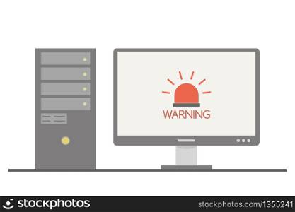 PC computer with warning text and alarm on monitor screen,isolated on white background,simple flat style design,vector illustration