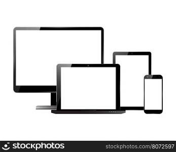 PC monitor, smartphone, laptop and computer tablet. Electronic devices with blank screens. Vector illustration.