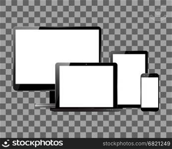PC monitor, smartphone, laptop and computer tablet on transparent background. Set of electronic devices with blank screens. Vector illustration.