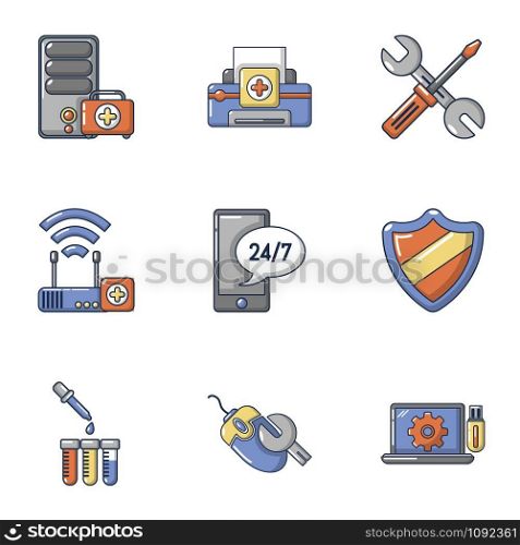 PC repair icons set. Cartoon set of 9 pc repair vector icons for web isolated on white background. PC repair icons set, cartoon style