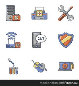 PC repair icons set. Cartoon set of 9 pc repair vector icons for web isolated on white background. PC repair icons set, cartoon style