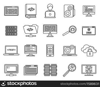 Pc testing software icons set. Outline set of pc testing software vector icons for web design isolated on white background. Pc testing software icons set, outline style