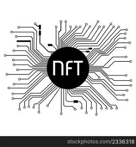 PCB tracks with NTF non fungible token in black center isolated on white. Website design element. Vector illustration.. PCB tracks with NTF non fungible token in black center isolated on white. Website design element.