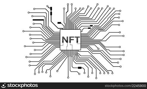 PCB tracks with NTF non fungible token in center isolated on white. Website design element. Vector illustration.. PCB tracks with NTF non fungible token in center isolated on white. Website design element.