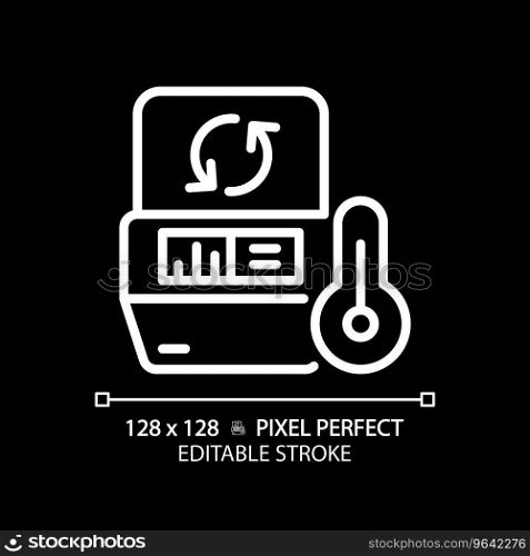 Pcr machine pixel perfect white linear icon for dark theme. Thermal cycler. Polymerase chain reaction. Dna replication. Thin line illustration. Isolated symbol for night mode. Editable stroke. Pcr machine pixel perfect white linear icon for dark theme