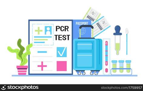 PCR test for tourists. Health passport concept vector for web, blog. Vaccine, immunity passport app. Luggage, certificate, tickets are shown. Travel rules in COVID-19 pandemic.. PCR test for tourists. Health passport concept vector for web, blog. Vaccine, immunity passport app. Luggage, certificate, tickets. Travel rules in COVID-19 pandemic.
