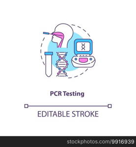 PCR testing concept icon. Covid testing type idea thin line illustration. Polymerase chain reaction checking. Specific DNA s&le. Vector isolated outline RGB color drawing. Editable stroke. PCR testing concept icon