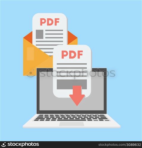 Pdf document download on the laptop concept. Receive pdf in the message. Vector illustration. . Pdf document download on the laptop concept. Receive pdf in the message. Vector