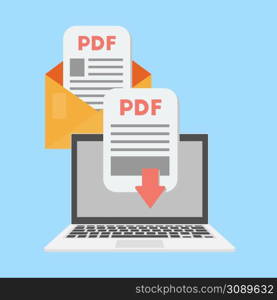 Pdf document download on the laptop concept. Receive pdf in the message. Vector illustration. . Pdf document download on the laptop concept. Receive pdf in the message. Vector