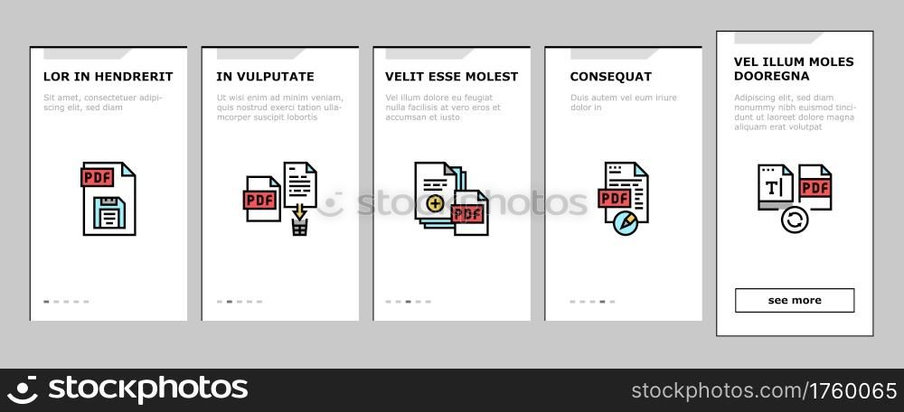 Pdf Electronic File Onboarding Mobile App Page Screen Vector. Pdf Document Format Cut And Archiving, Locked And Editing, Download And Save Illustrations. Pdf Electronic File Onboarding Icons Set Vector