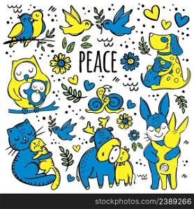 PEACE AND ANIMALS Hand Drawn Cartoon Vector Illustration 