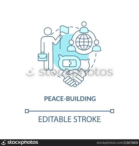 Peace-building turquoise concept icon. Constructive relationships. Community security abstract idea thin line illustration. Isolated outline drawing. Editable stroke. Arial, Myriad Pro-Bold fonts used. Peace-building turquoise concept icon