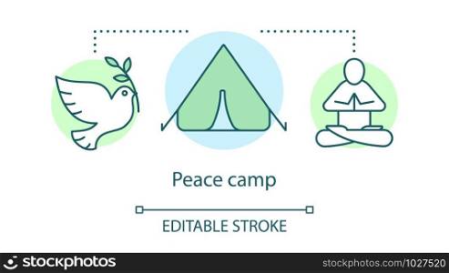 Peace camp concept icon. Anti war movement, nonviolent resistance, pacifism idea thin line illustration. White dove, tent and meditating protester vector isolated outline drawing. Editable stroke