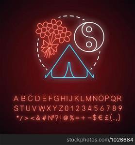 Peace camp neon light concept icon. Anti war protest, hippie movement, pacifism idea. Glowing sign with alphabet, numbers and symbols. Yin yang symbol, tent and flowers vector isolated illustration