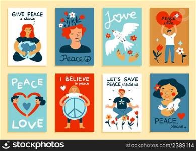 Peace cards. Cartoon happy people with love and hippie symbols. Peaceful men or women in balance. White flying bird, flowers and hearts. International pacifism holiday posters. Vector postcards set. Peace cards. Cartoon people with love and hippie symbols. Peaceful men or women in balance. Flying bird, flowers and hearts. International pacifism holiday posters. Vector postcards set