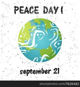 Peace day, 21 September, international holiday, postcard decorated by points and planet flat design style, earth with continent and water view vector. Text peace day over earth. Flat cartoon. Planet Card, Peace Day, Earth Postcard Vector