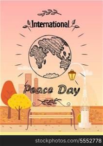 Peace Day International Holiday Poster with Earth. Peace day international holiday poster with sketch of Earth planet surrounded by branches vector illustration logo design on background of autumn city