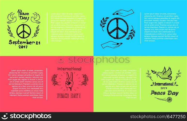 Peace Day September 21 Vector Illustration Set. International peace day, set of four picture with holidays symbols such as pacific and gesture, olive branch and text forms vector illustration