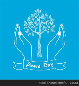Peace Day Symbol with Hands Taking Care About Tree. Peace day symbol with two hands taking care about growing tree vector illustration isolated on blue background. Human hands protecting plant
