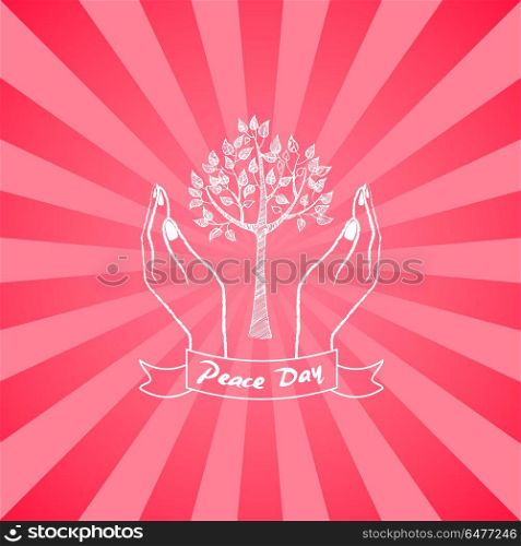 Peace Day Symbol with Hands Taking Care About Tree. Peace day symbol with two hands taking care about growing tree vector illustration. Human hands protecting plant on red background with rays