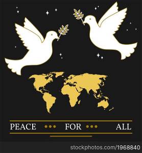 Peace for all greeting card. EPS10 vector. Doves and map thin line.