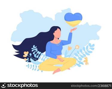 Peace in Ukraine 2D vector isolated illustration. Stop war and aggression in Ukraine flat character on cartoon background. Lady giving hope colourful scene for mobile, website, presentation. Peace in Ukraine 2D vector isolated illustration