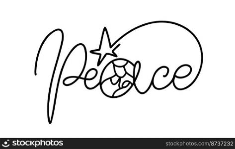 Peace monoline calligraphy text and Christmas Vector religious Nativity Scene of baby Jesus with Joseph and Mary. Minimalist art line drawing, print and logo design.. Peace monoline calligraphy text and Christmas Vector religious Nativity Scene of baby Jesus with Joseph and Mary. Minimalist art line drawing, print and logo design