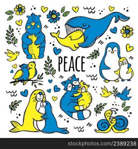 PEACE PLUS ANIMALS Hand Drawn Cartoon Vector Illustration