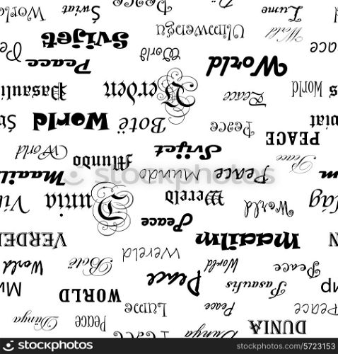 Peace . Seamless wallpaper with the word peace in different languages. In mirror.