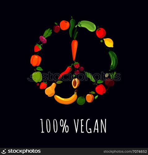 Peace sign from vegetables and fruits. Healthy fresh vegetarian. Vector illustration. Peace sign from vegetables and fruits