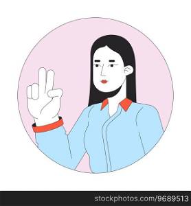 Peace sign girl asian with long straight hair 2D line vector avatar illustration. Gesturing two fingers up outline cartoon character face. Korean lady selfie flat color user profile image isolated. Peace sign girl asian with long straight hair 2D line vector avatar illustration