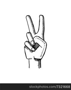 Peace sign made by two fingers vector illustration isolated on white background. Hand gesture showing symbol of good intentions. Peace Sign Made by Two Fingers Vector Illustration
