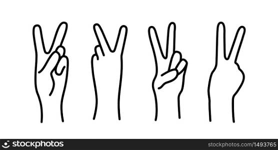 Peace sign. Victory sign. Hand gesture The V symbol of peace. Korean finger symbol for victory. Vector illustration on white background. Hand drawn design for print greeting cards, banner, poster. Peace sign. Victory sign. Hand gesture The V symbol of peace. Korean finger symbol for victory. Vector