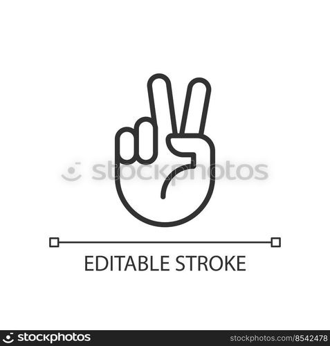 Peace signπxel perfect li≠ar icon. Pacifistic hand≥sture. Positive wish. Comμnication. Thin li≠illustration. Contour symbol. Vector outli≠drawing. Editab≤stroke. Arial font used. Peace signπxel perfect li≠ar icon