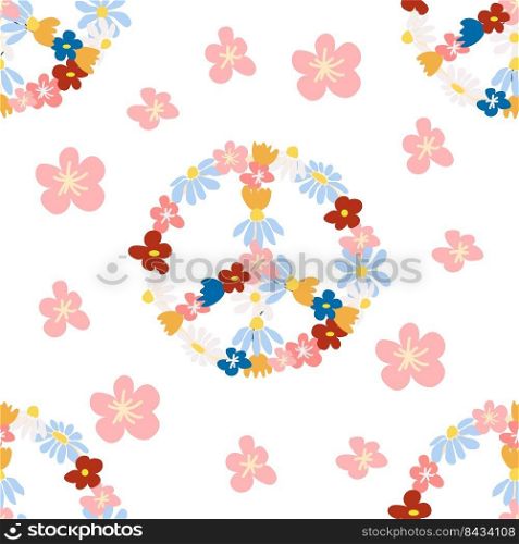 Peace symbol floral retro 70s seamless pattern. Clockwork design in the style of the seventies. Peace symbol floral retro 70s seamless pattern. Clockwork design in the style of the seventies.