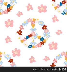 Peace symbol floral retro 70s seamless pattern. Clockwork design in the style of the seventies. Peace symbol floral retro 70s seamless pattern. Clockwork design in the style of the seventies.