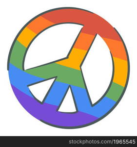 Peace symbol of hippies cultures, isolated sign with circle and rainbow color. Logotype or label, love and tolerance print. Rounded shape logo of pacifists. Vector in flat style illustration. Hippie sign, peace symbol with rainbow vector