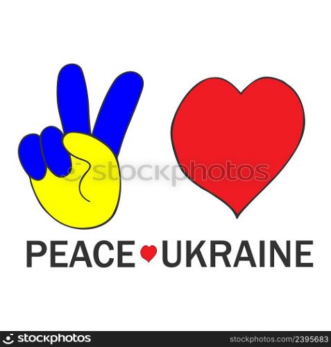 Peace symbol to Ukraine. Victory sign from hand and fingers gesture and red heart. Love, heart, Ukraine. Vector illustration.. Peace symbol to Ukraine. Victory sign