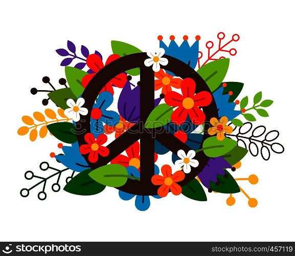 Peace symbol with flowers on white background. Vector illustration. Peace symbol with flowers