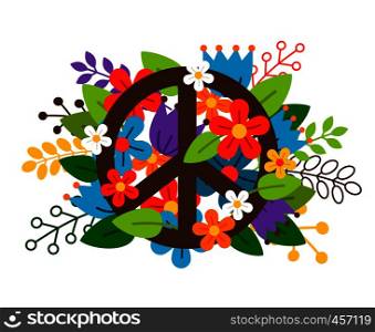 Peace symbol with flowers on white background. Vector illustration. Peace symbol with flowers