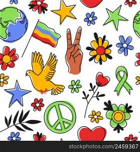 Peace symbols seamless pattern. 60s hippie psychedelic wallpaper, repeat love, freedom and ecological elements, stop war, white background. Decor textile, wrapping paper, wallpaper, vector print. Peace symbols seamless pattern. 60s hippie psychedelic wallpaper, repeat love, freedom and ecological elements, stop war, white background. Decor textile, wrapping paper, vector print