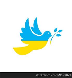 Peace to Ukraine. Ukraine flag with dove icon. No war in Ukraine icon. Dove peace symbol. Isolated vector illustration. Peace symbol. Vector design. EPS 10
