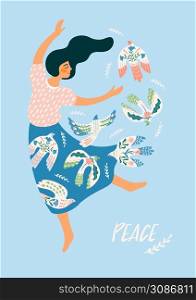 Peace. Woman and dove of peace. Vector illustration. Elements for card, poster, flyer and other use. Peace. Woman and dove of peace. Vector illustration. Elements for card, poster, flyer and other