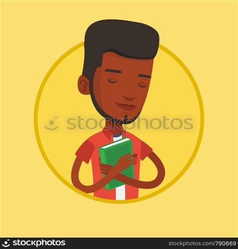 Peaceful african-american student with eyes closed holding a book. Young smiling student hugging his book. Concept of education. Vector flat design illustration in the circle isolated on background.. Student hugging his book vector illustration.