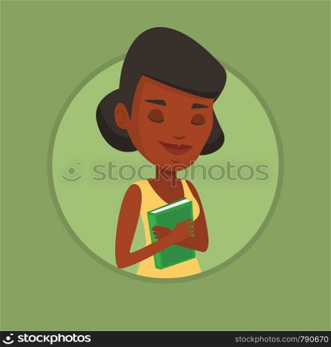 Peaceful african-american student with eyes closed holding a book. Young smiling student hugging her book. Concept of education. Vector flat design illustration in the circle isolated on background.. Student hugging her book vector illustration.